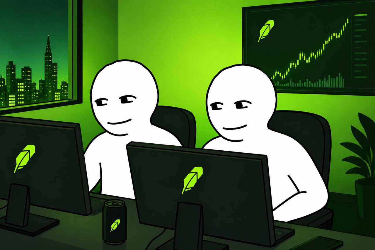 Two brothers trading at their desks with a green chart