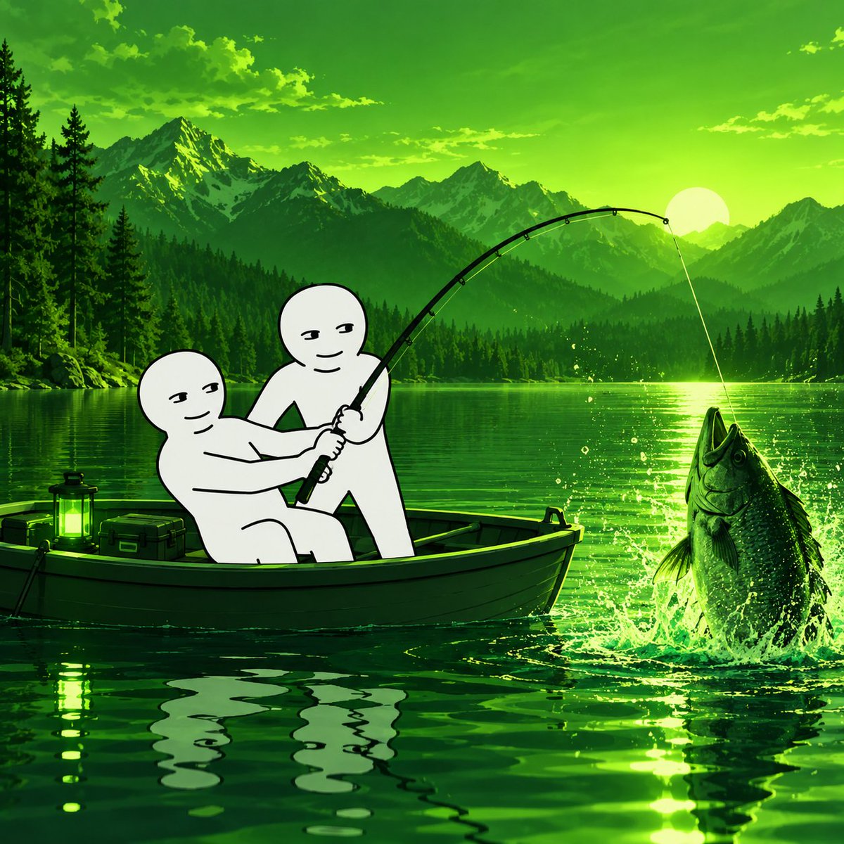Two brothers fishing on a lake at sunset